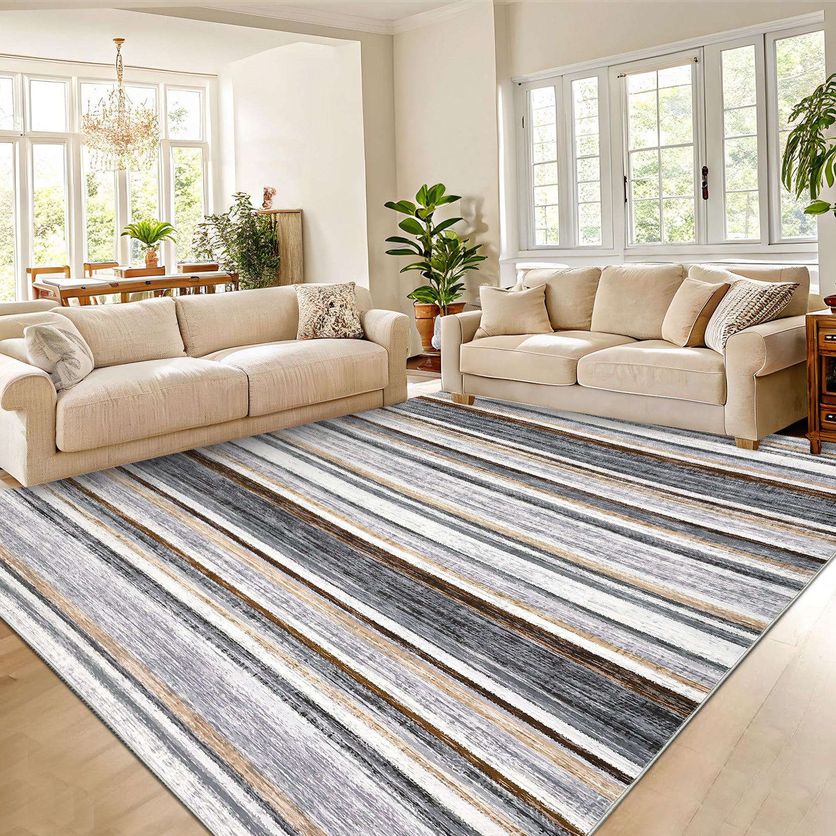 Garvee Large Living Room Rug 10x13 Washable Modern Strip Area Rug with Non-Slip Backing, Stain-Resistant Contemporary Floor Cover, Soft Low Pile Accent Carpet for Bedroom, Grey Brown