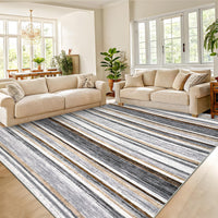 Garvee Large Living Room Rug 10x13 Washable Modern Strip Area Rug with Non-Slip Backing, Stain-Resistant Contemporary Floor Cover, Soft Low Pile Accent Carpet for Bedroom, Grey Brown