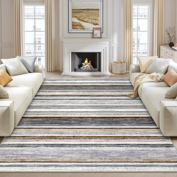 Garvee Large Area Rug 9x12 Washable Modern Strip Living Room Rug with Non-Slip Backing, Soft Low Pile Floor Cover, Stain-Resistant Contemporary Indoor Mat for Bedroom, Grey Brown