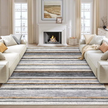 Garvee Large Area Rug 9x12 Washable Modern Strip Living Room Rug with Non-Slip Backing, Soft Low Pile Floor Cover, Stain-Resistant Contemporary Indoor Mat for Bedroom, Grey Brown