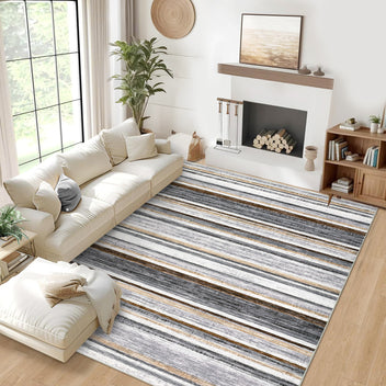 Garvee Washable Area Rug 5x7 Modern Strip Throw Rug with Non-Slip Backing, Stain-Resistant Contemporary Accent Carpet, Soft Low Pile Indoor Mat for Bedroom, Office, Grey Brown