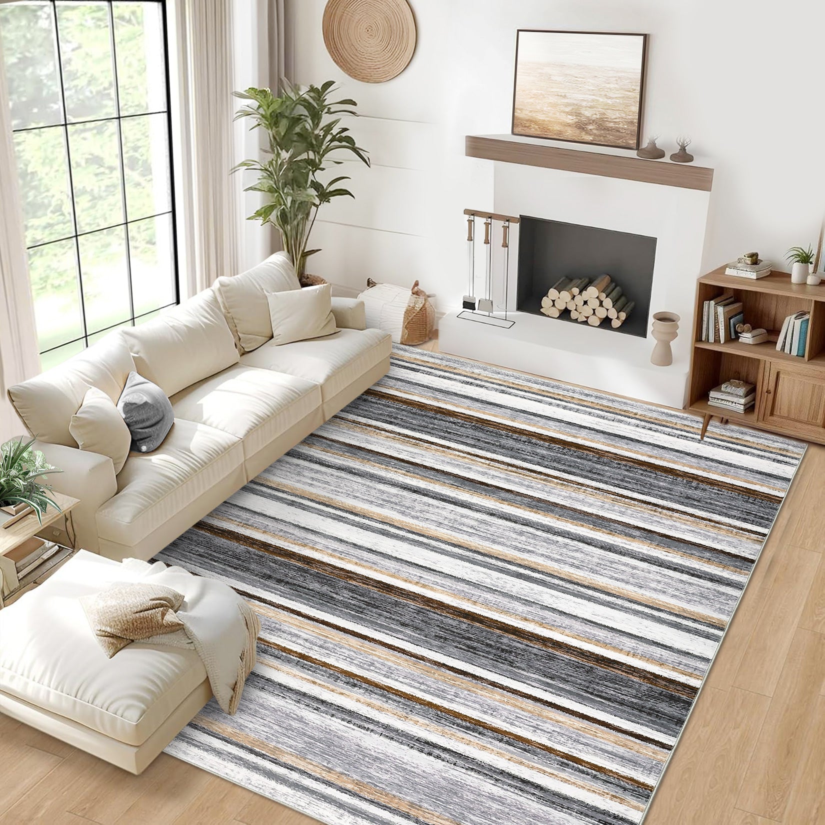 Garvee Large Area Rug 9x12 Washable Modern Strip Living Room Rug with Non-Slip Backing, Soft Low Pile Floor Cover, Stain-Resistant Contemporary Indoor Mat for Bedroom, Grey Brown