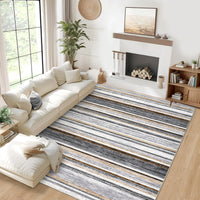 Garvee Large Area Rug 9x12 Washable Modern Strip Living Room Rug with Non-Slip Backing, Soft Low Pile Floor Cover, Stain-Resistant Contemporary Indoor Mat for Bedroom, Grey Brown
