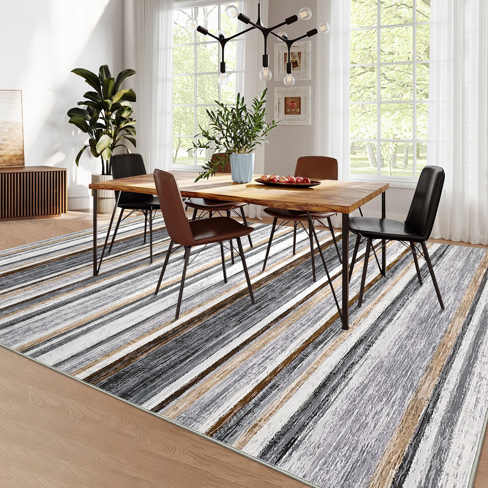 Garvee Large Area Rug 9x12 Washable Modern Strip Living Room Rug with Non-Slip Backing, Soft Low Pile Floor Cover, Stain-Resistant Contemporary Indoor Mat for Bedroom, Grey Brown