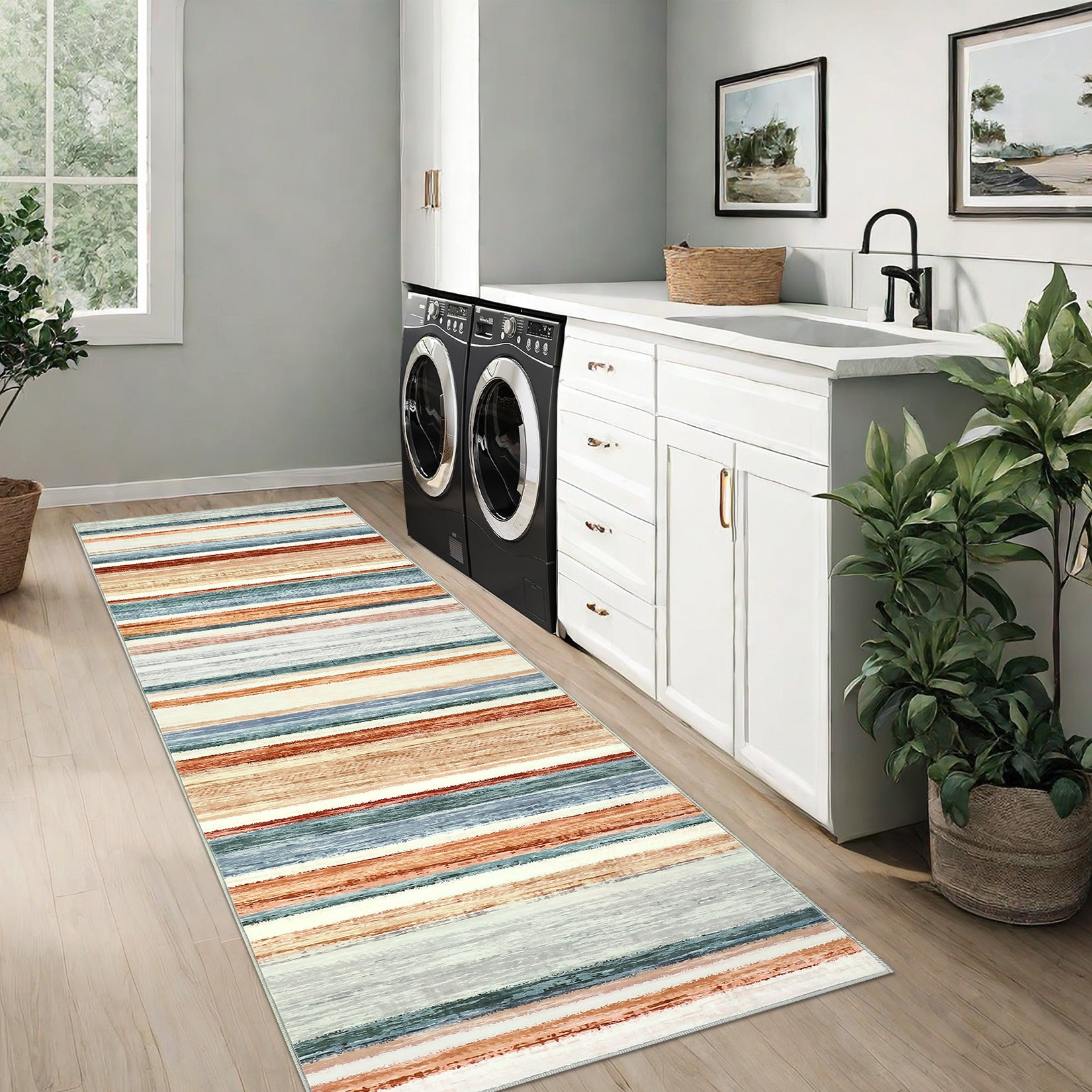 Garvee Washable Runner Rug Green Multi 2x6 Modern Strip Accent Carpet with Non-Slip Backing, Soft Low Pile Floor Cover, Stain-Resistant Contemporary Area Rug for Kitchen, Bedroom, Laundry