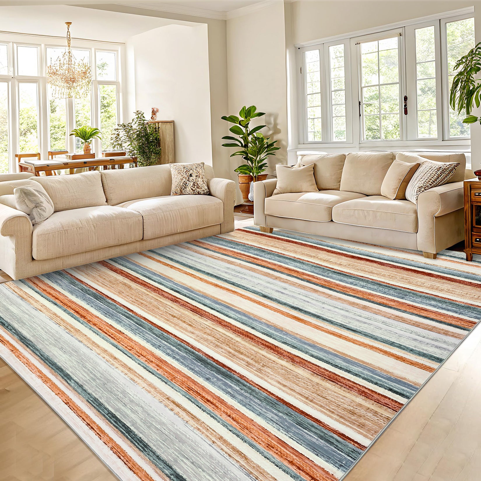 Garvee Area Rug Green Multi 6x9 Washable Modern Strip Accent Carpet with Non-Slip Backing, Soft Low Pile Floor Cover, Stain-Resistant Contemporary Throw Rug for Bedroom, Office