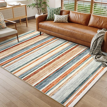 Garvee Washable Area Rug Green Multi 5x7 Modern Strip Throw Rug with Non-Slip Backing, Stain-Resistant Contemporary Accent Carpet, Soft Low Pile Indoor Mat for Bedroom, Office