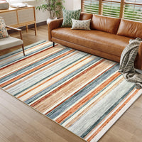 Garvee Area Rug Green Multi 6x9 Washable Modern Strip Accent Carpet with Non-Slip Backing, Soft Low Pile Floor Cover, Stain-Resistant Contemporary Throw Rug for Bedroom, Office