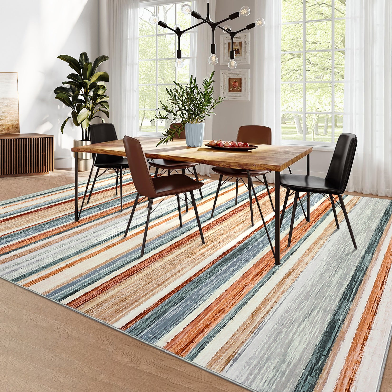 Garvee Washable Living Room Rug 8x10 Large Modern Strip Accent Carpet with Non-Slip Backing, Soft Low Pile Area Rug, Stain-Resistant Contemporary Floor Mat for Dining Room, Green Camel