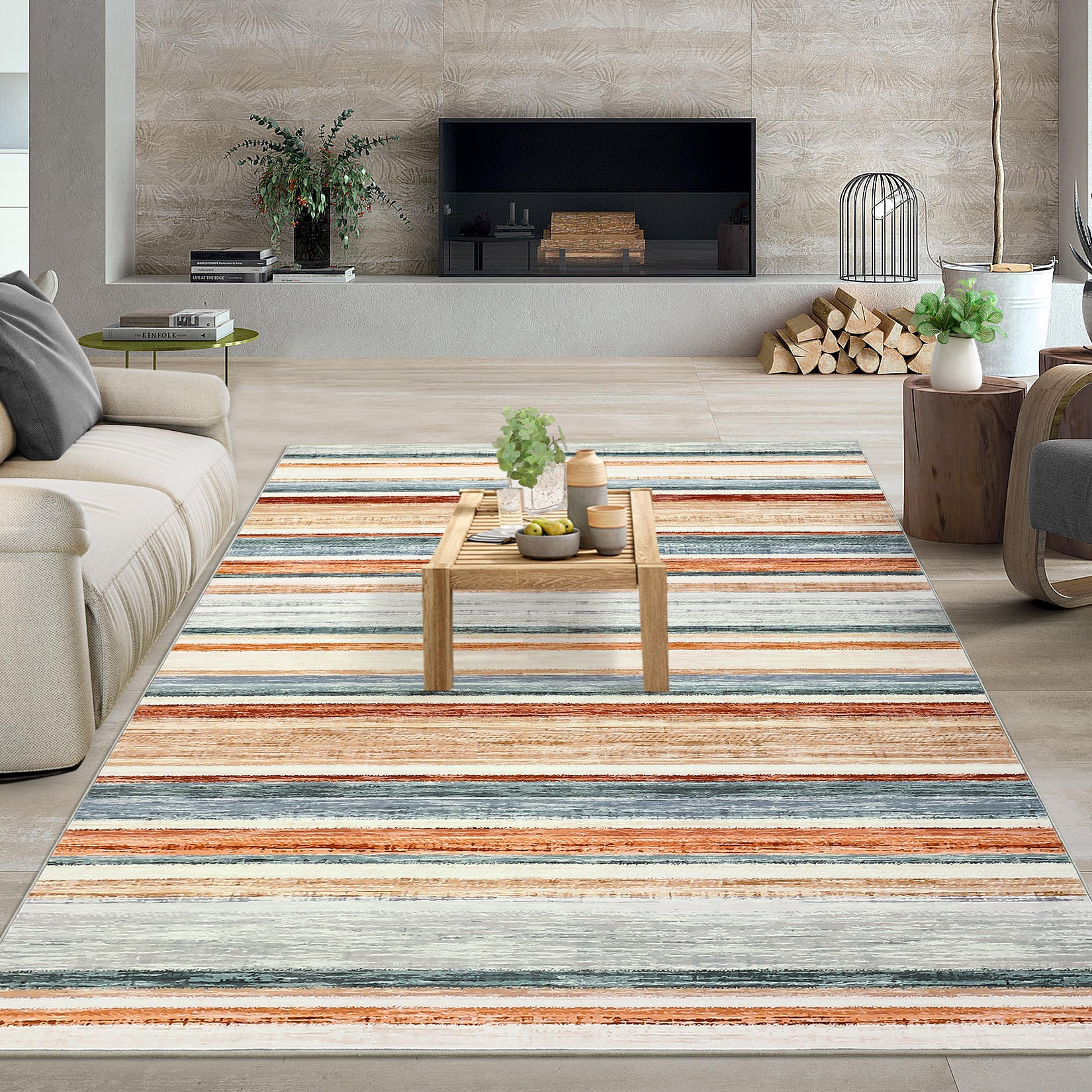 Garvee Washable Living Room Rug 8x10 Large Modern Strip Accent Carpet with Non-Slip Backing, Soft Low Pile Area Rug, Stain-Resistant Contemporary Floor Mat for Dining Room, Green Camel