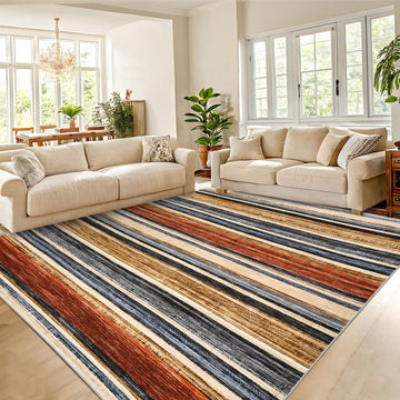 Garvee Large Area Rug 9x12 Washable Modern Strip Living Room Rug with Non-Slip Backing, Soft Low Pile Floor Cover, Stain-Resistant Contemporary Indoor Mat for Bedroom, Colorful