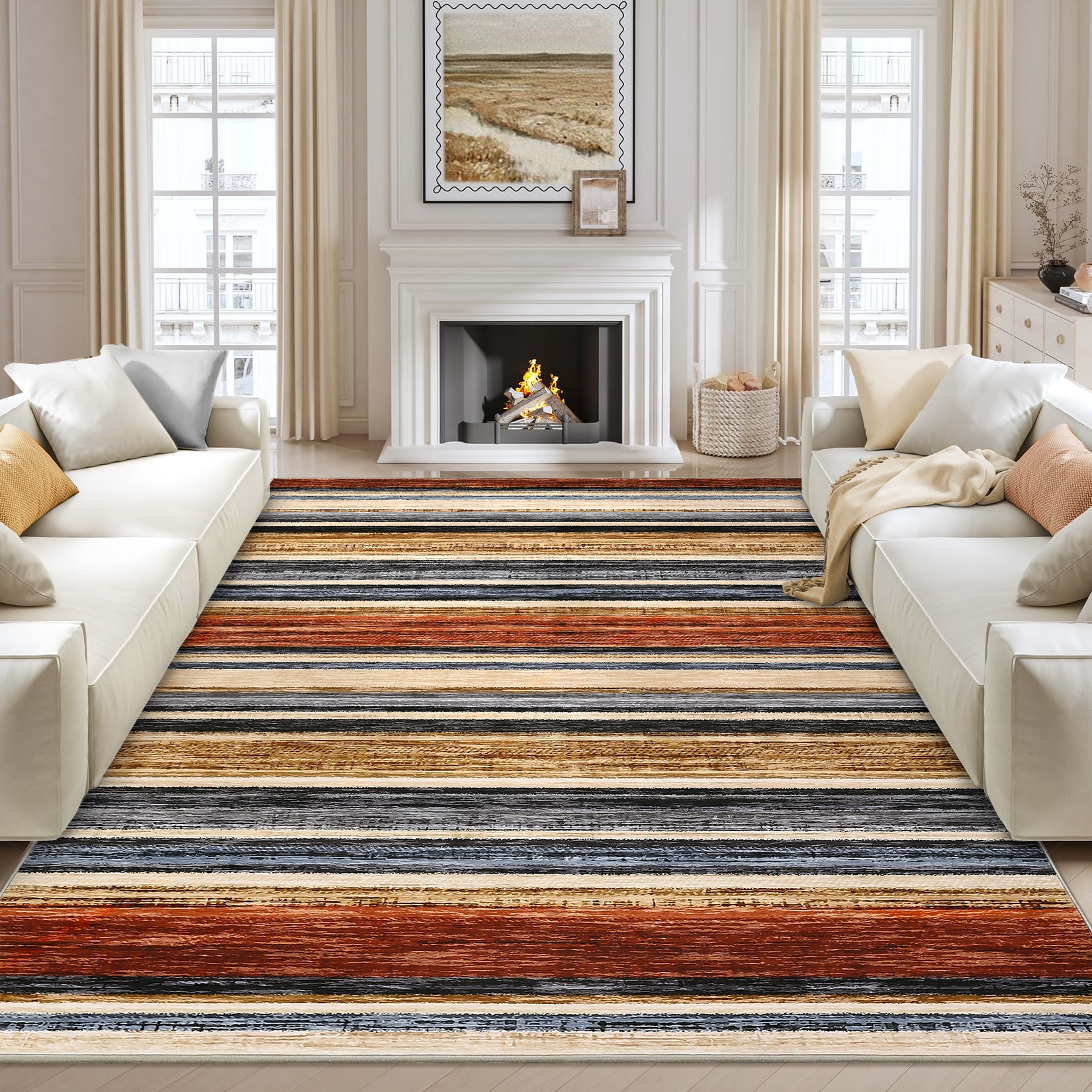 Garvee Area Rug 6x9 Washable Modern Strip Accent Carpet with Non-Slip Backing, Soft Low Pile Floor Cover, Stain-Resistant Contemporary Throw Rug for Bedroom, Office, Colorful