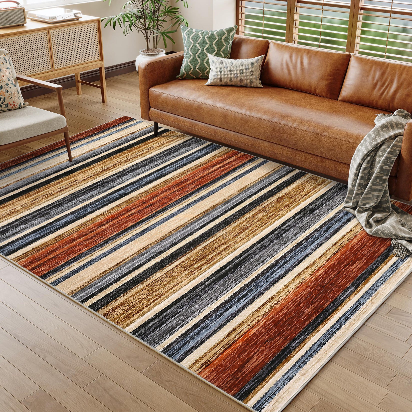 Garvee Area Rug 6x9 Washable Modern Strip Accent Carpet with Non-Slip Backing, Soft Low Pile Floor Cover, Stain-Resistant Contemporary Throw Rug for Bedroom, Office, Colorful