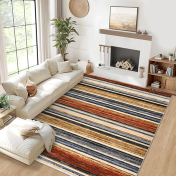Garvee Washable Living Room Rug 8x10 Large Modern Strip Accent Carpet with Non-Slip Backing, Soft Low Pile Area Rug, Stain-Resistant Contemporary Floor Mat for Dining Room, Colorful