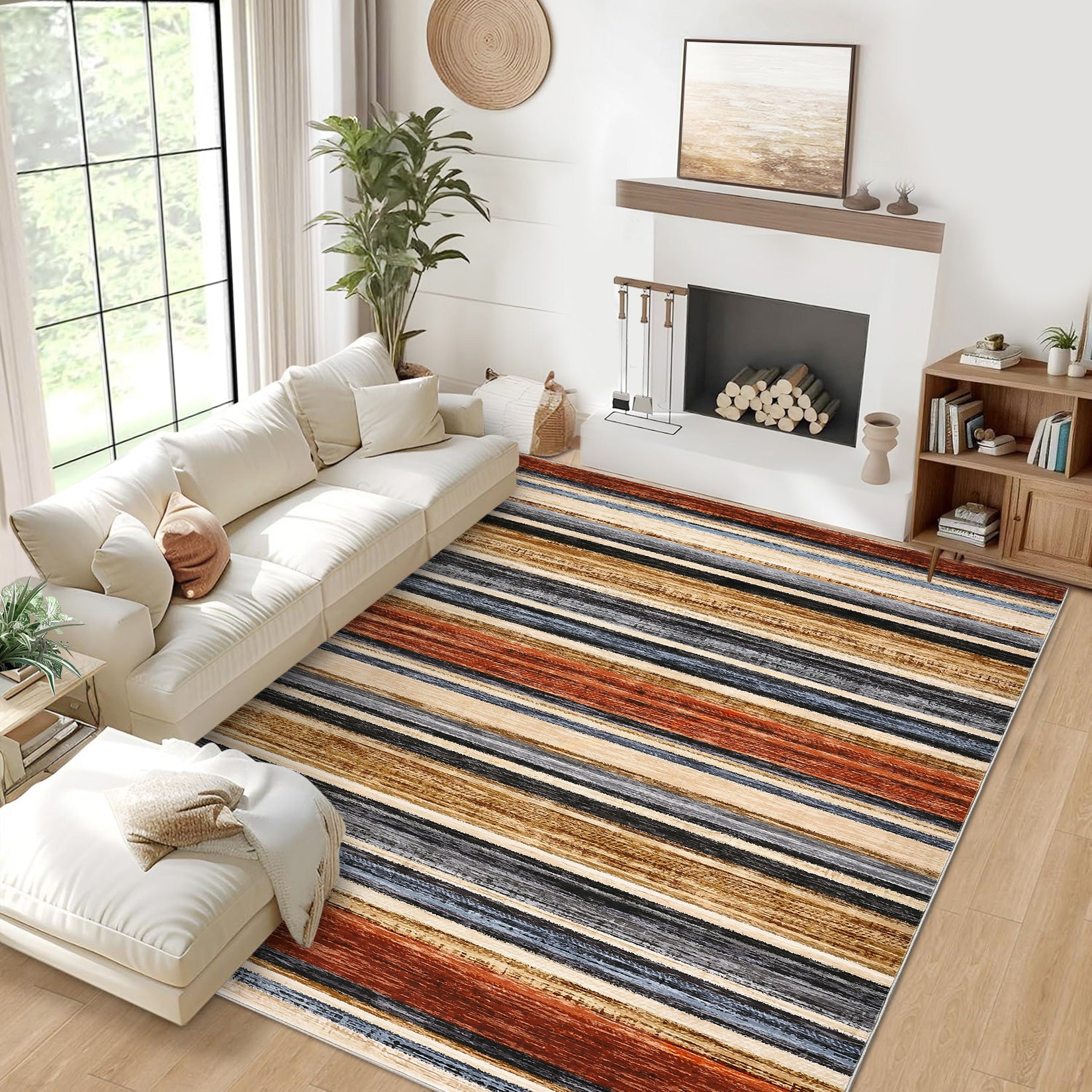 Garvee Large Area Rug 9x12 Washable Modern Strip Living Room Rug with Non-Slip Backing, Soft Low Pile Floor Cover, Stain-Resistant Contemporary Indoor Mat for Bedroom, Colorful