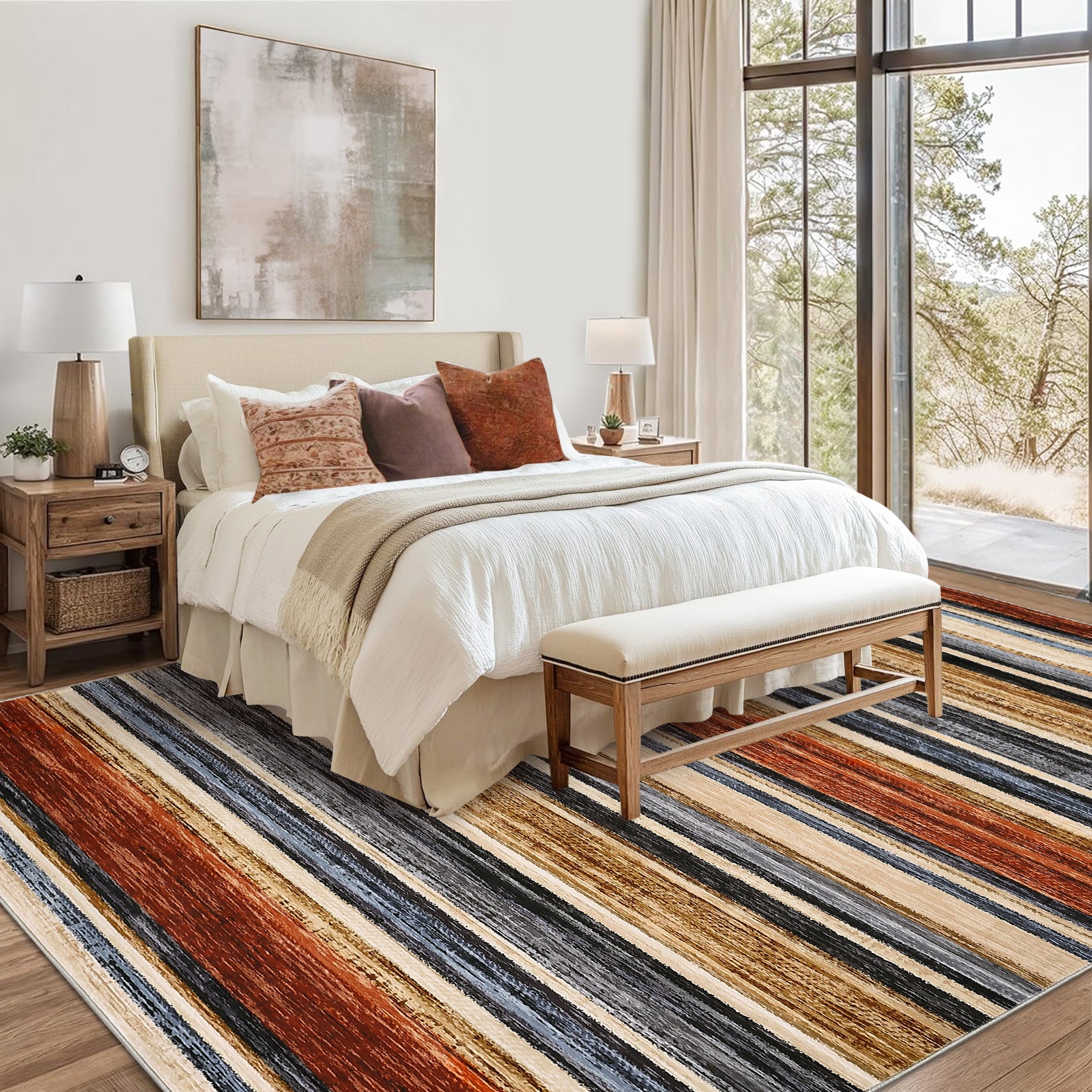 Garvee Washable Area Rug 5x7 Modern Strip Throw Rug with Non-Slip Backing, Stain-Resistant Contemporary Accent Carpet, Soft Low Pile Indoor Mat for Bedroom, Office, Colorful