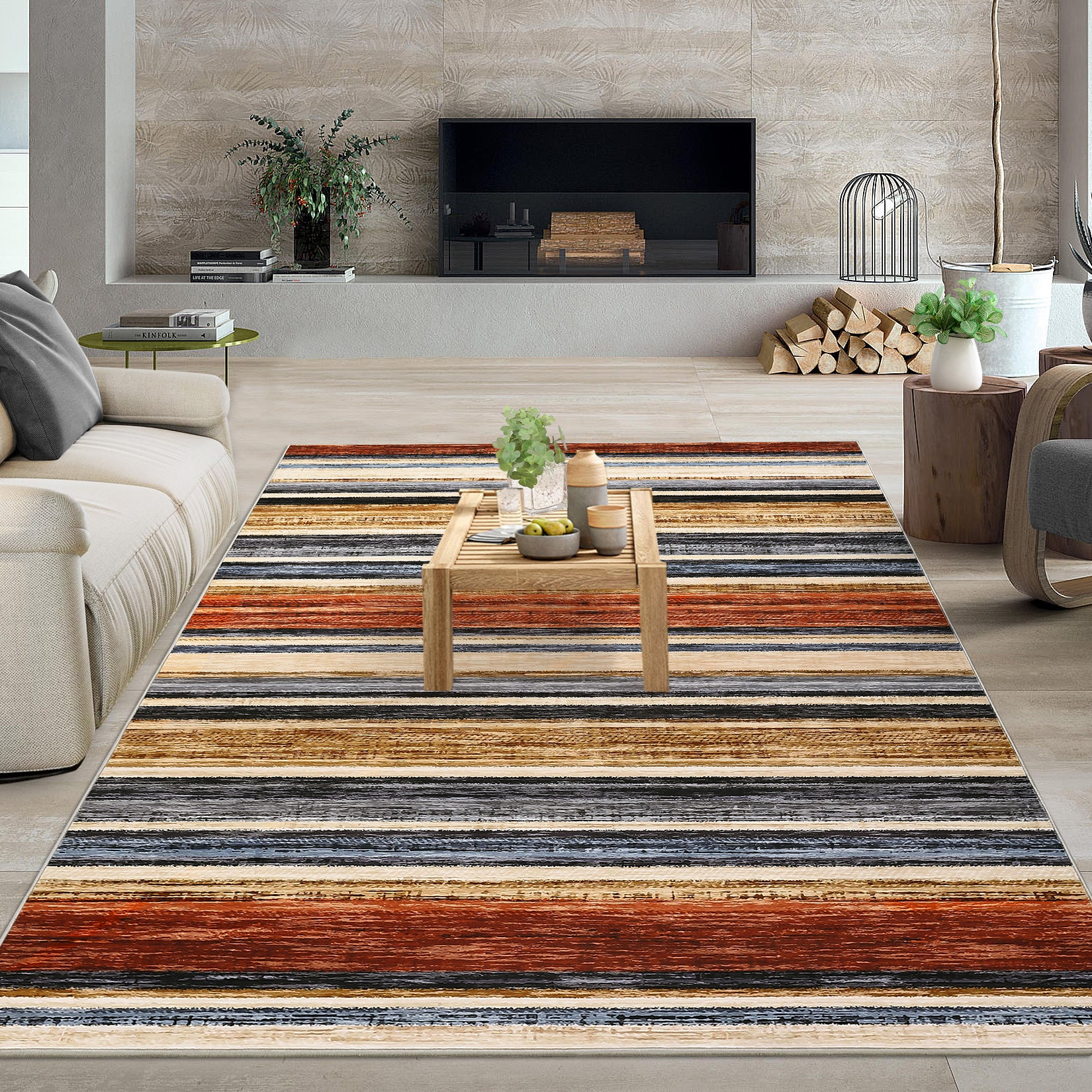 Garvee Area Rug 6x9 Washable Modern Strip Accent Carpet with Non-Slip Backing, Soft Low Pile Floor Cover, Stain-Resistant Contemporary Throw Rug for Bedroom, Office, Colorful