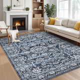 Garvee 9x12 Area Rugs, Machine Washable Large Rugs for Living Room Bedroom, Soft Non-Slip Indoor Distressed Boho Vintage Print Lightweight Low Pile Carpet, Navy Blue - Navy Blue
