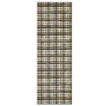 Garvee 2x8 Green & Coffee Plaid Runner Rug Washable Non-Slip Low Pile Kitchen Hallway Carpet, Soft Farmhouse Runner for Entryway Bedroom Bathroom