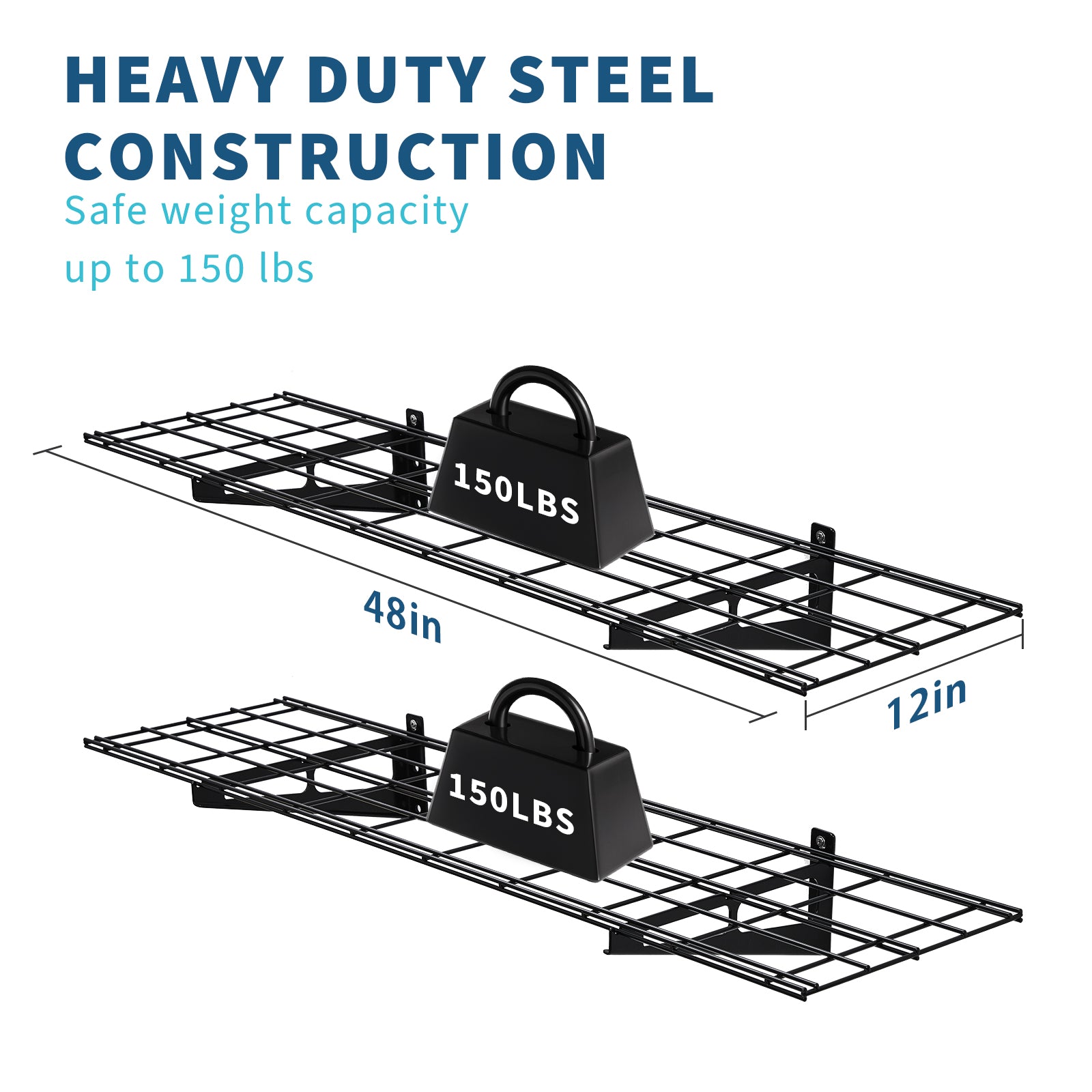 Garvee 48"x12"  Black Grid Wall Shelves 2-Pack Heavy-Duty 200LBS Capacity Steel Frame Scratch-Resistant Finish Wall-Mounted Garage Storage Racks for Tools & Gear