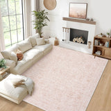 Garvee Large Area Rugs 9x12 Washable Vintage Printed Living Room Rug with Non-Slip Backing, Oriental Distressed Indoor Mat, Stain-Resistant Low Pile Floor Cover for Dining Room, Pink - Pink