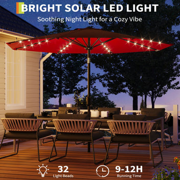 Garvee 10' Solar Patio Umbrella with 40 LED Lights, Outdoor Market Umbrella with Auto-Tilt Crank & Weather-Resistant Canopy, Red