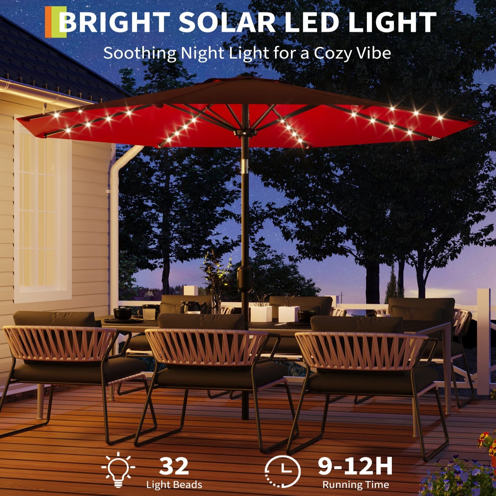 Garvee 10' Solar Patio Umbrella with 40 LED Lights, Outdoor Market Umbrella with Auto-Tilt Crank & Weather-Resistant Canopy, Red