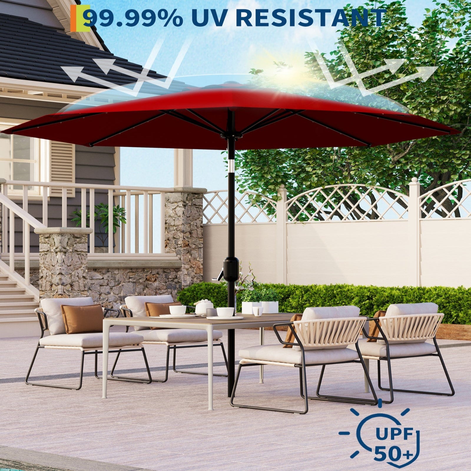 Garvee 10' Solar Patio Umbrella with 40 LED Lights, Outdoor Market Umbrella with Auto-Tilt Crank & Weather-Resistant Canopy, Red