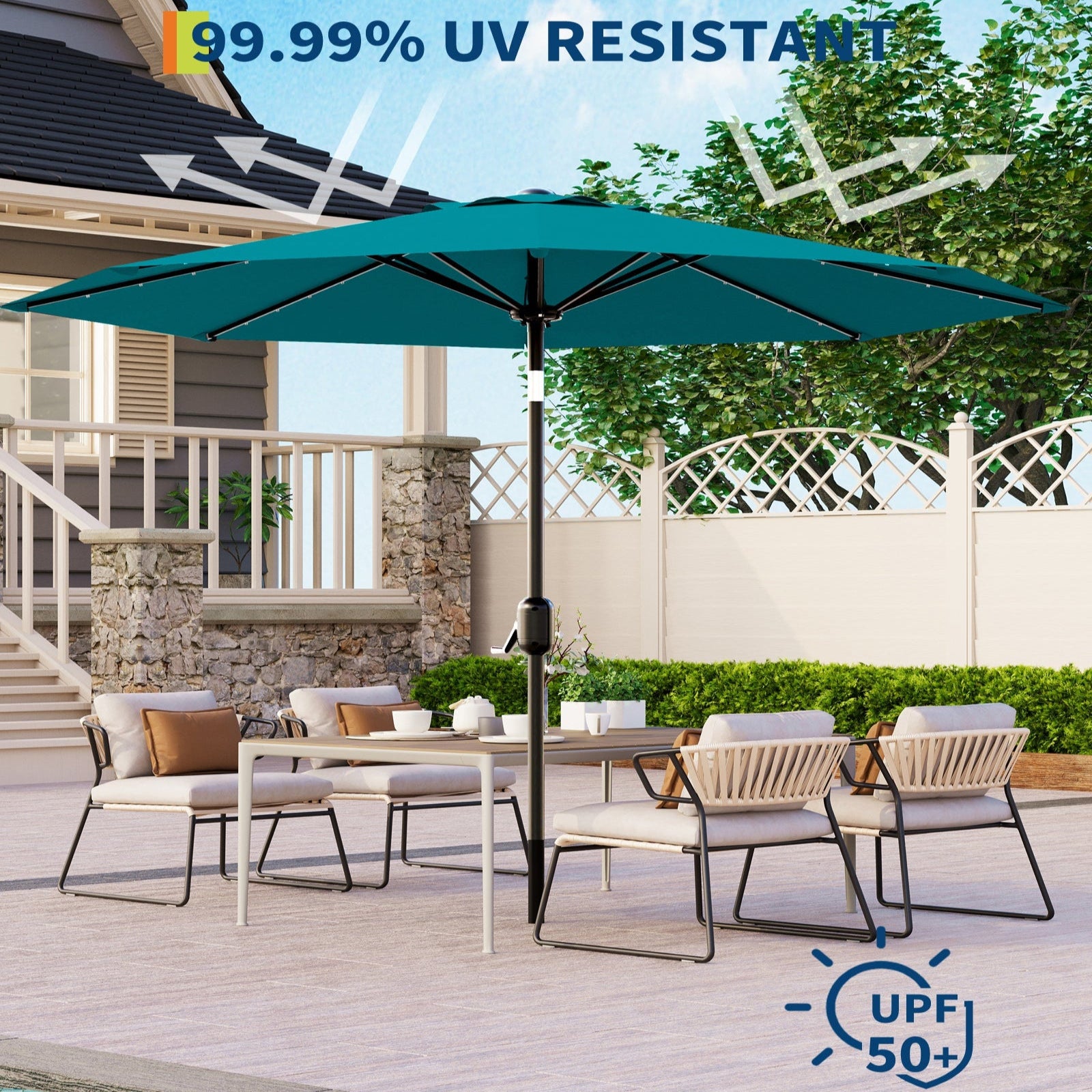 Garvee 10' Solar Patio Umbrella with 40 LED Lights, Outdoor Market Umbrella with Auto-Tilt Crank & Weather-Resistant Canopy, Turquoise