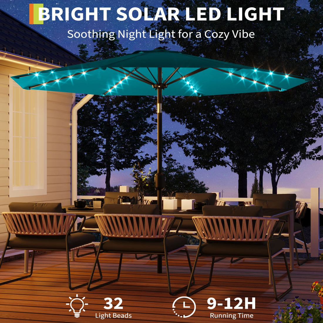 Garvee 10' Solar Patio Umbrella with 40 LED Lights, Outdoor Market Umbrella with Auto-Tilt Crank & Weather-Resistant Canopy, Turquoise