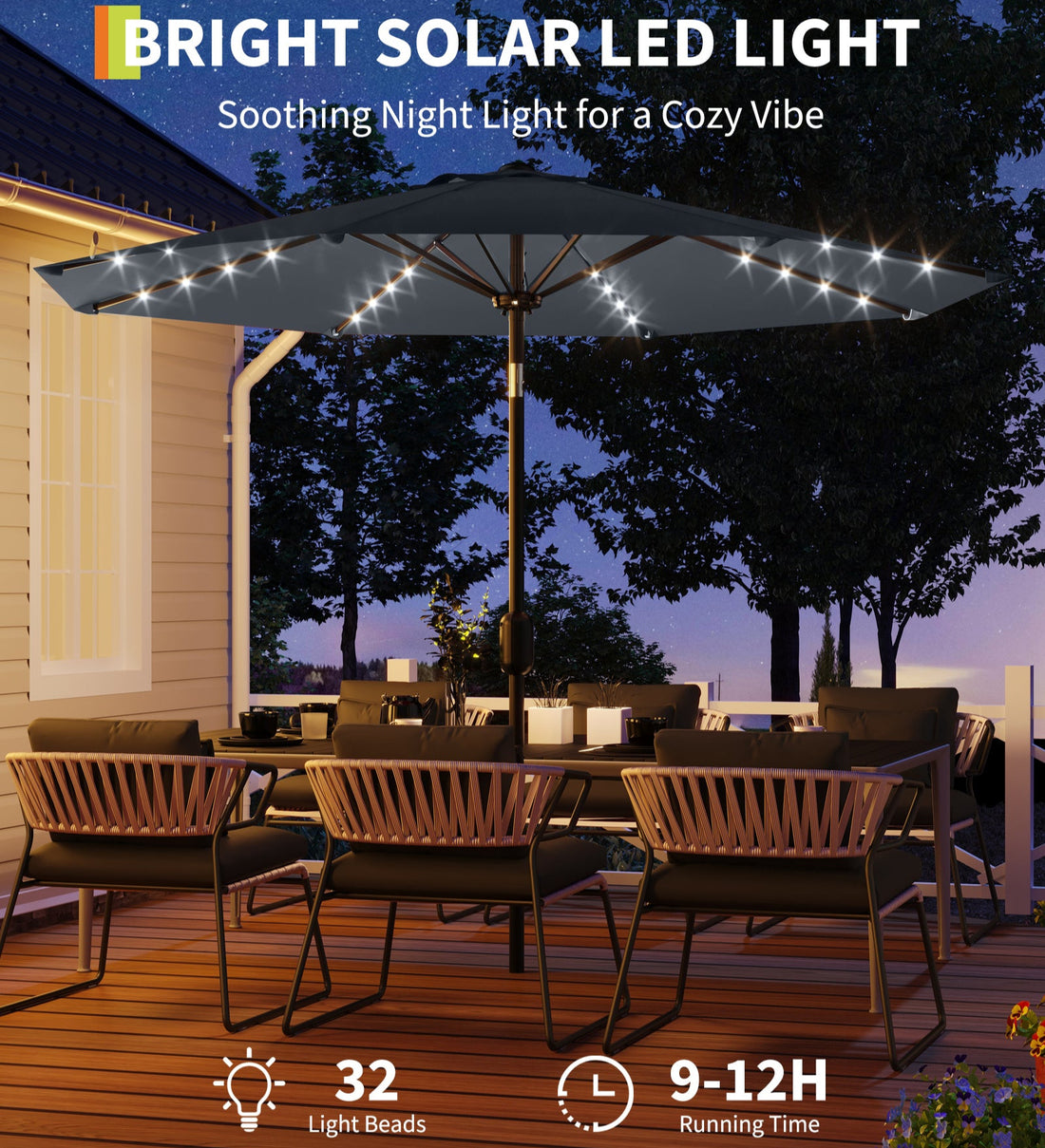 Garvee 10' Solar Patio Umbrella with 40 LED Lights, Outdoor Market Umbrella with Auto-Tilt Crank & Weather-Resistant Canopy, Grey