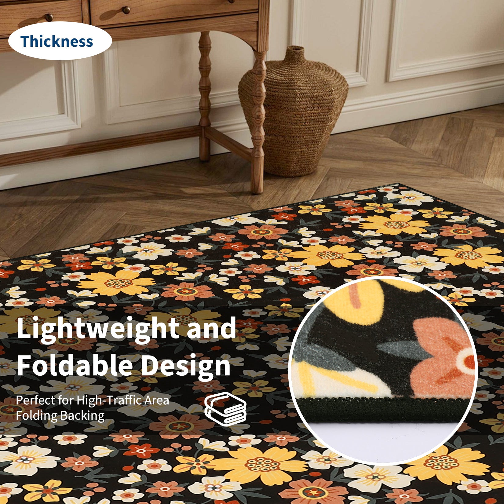 Garvee Large Modern Living Room Rugs 10x13 Washable Floral Print Accent Carpet Black
