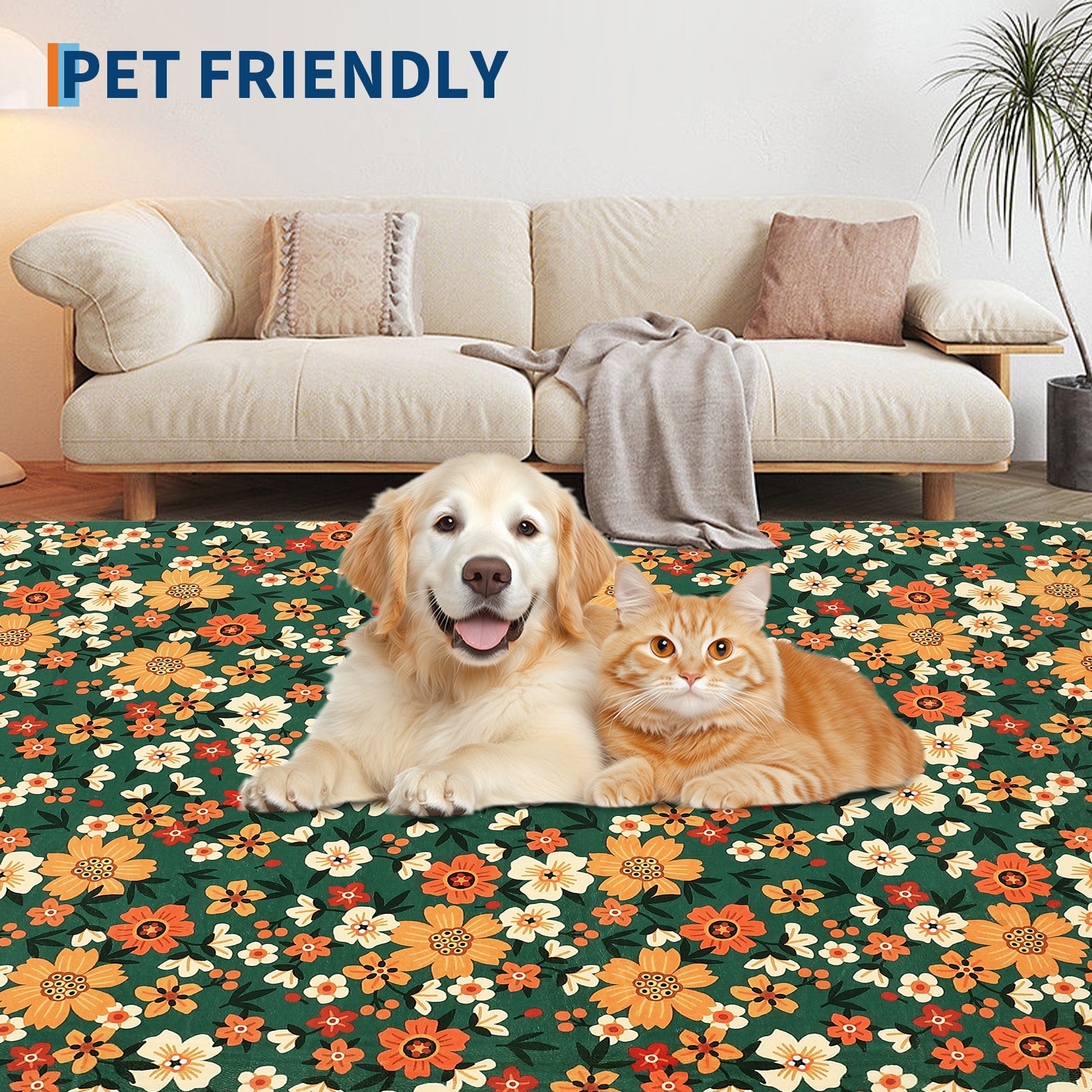 Garvee Large Modern Living Room Rugs 10x13 Washable Floral Print Accent Carpet Green, Non-Slip, Stain-Resistant, Soft Low Pile Indoor Mat