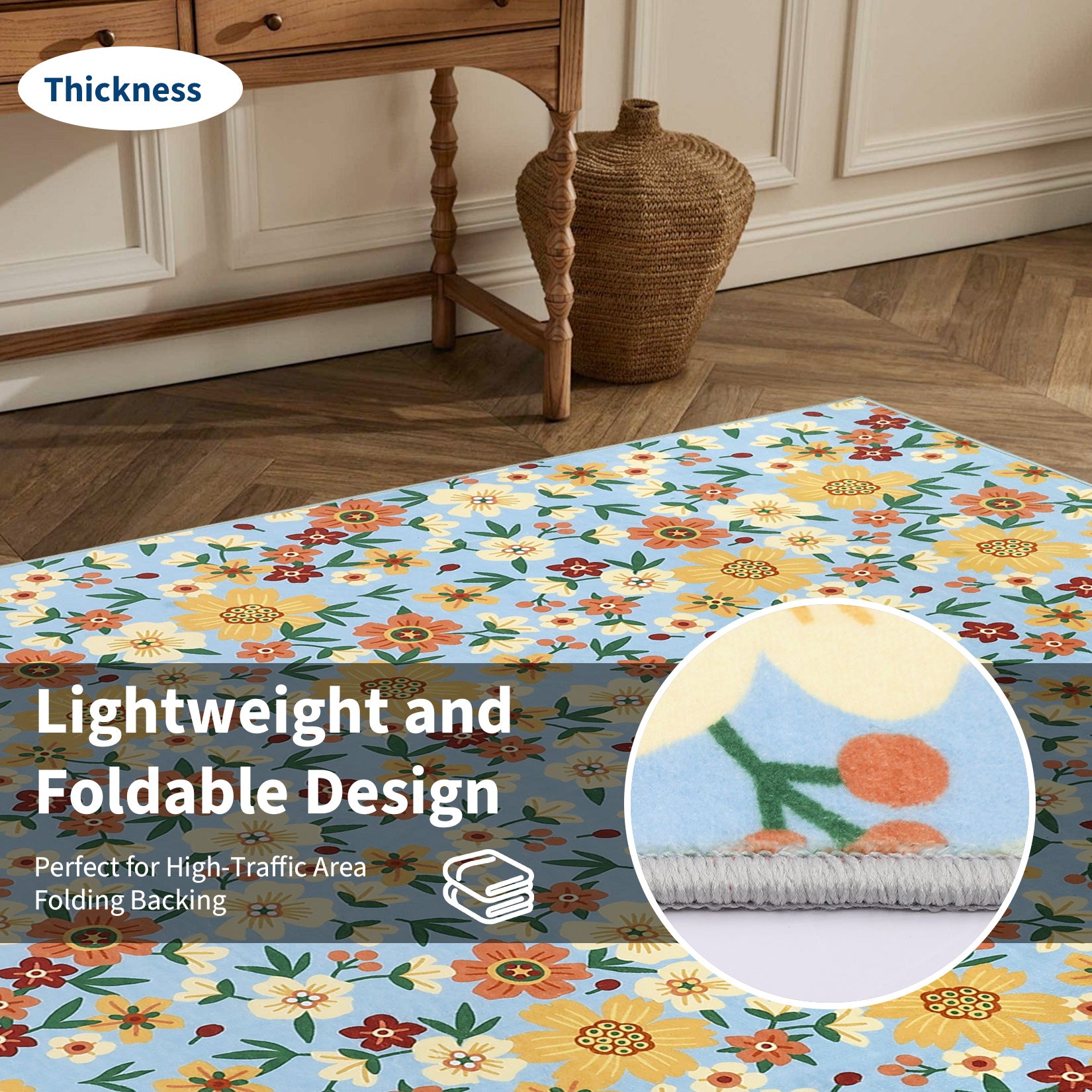 Garvee Modern Living Room Rugs 8x10 Washable Floral Print Non-Slip Blue Low Pile Carpet