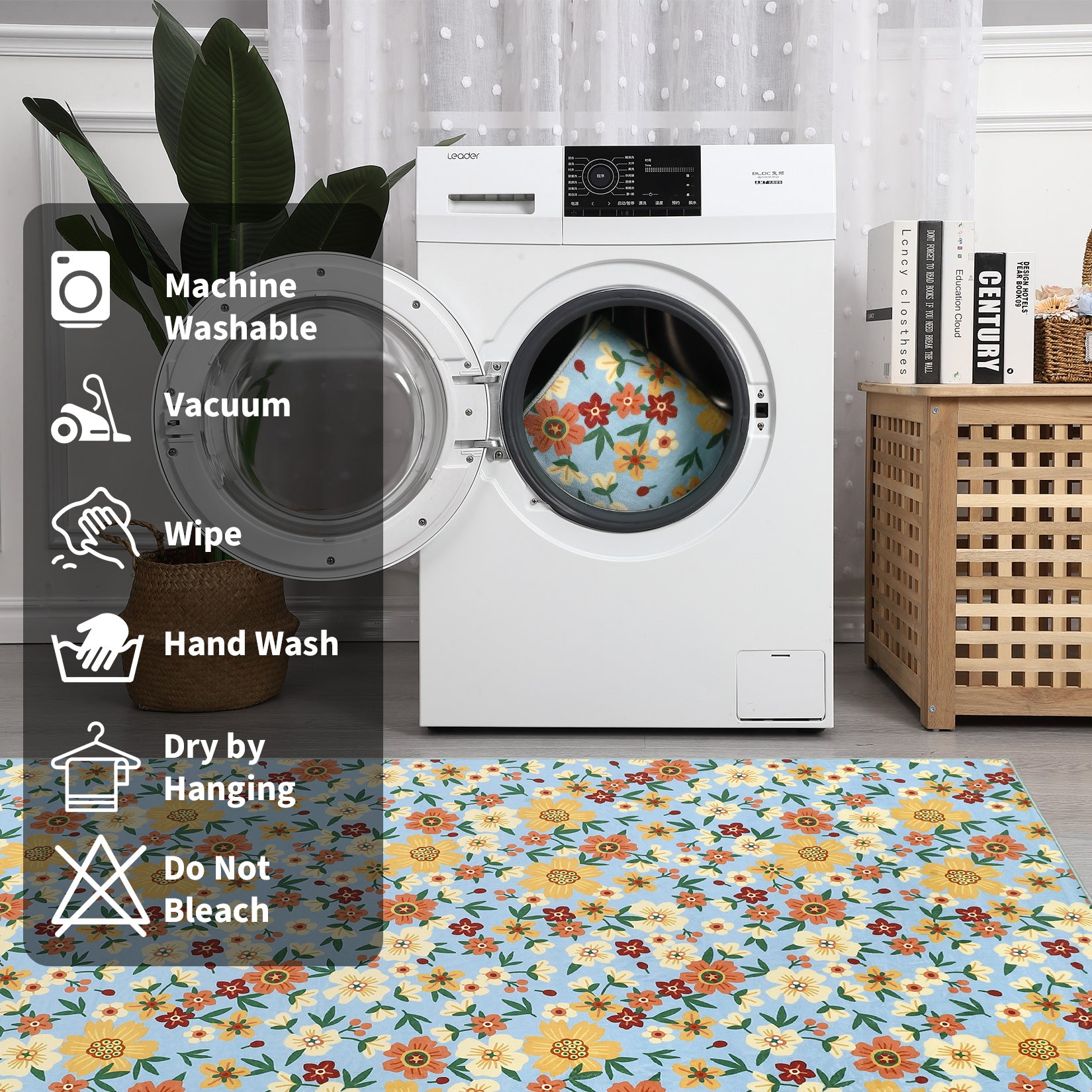 Garvee Modern Living Room Rugs 8x10 Washable Floral Print Non-Slip Blue Low Pile Carpet