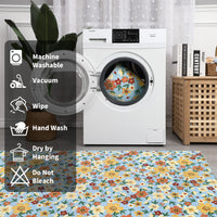 Garvee Modern Living Room Rugs 8x10 Washable Floral Print Non-Slip Blue Low Pile Carpet