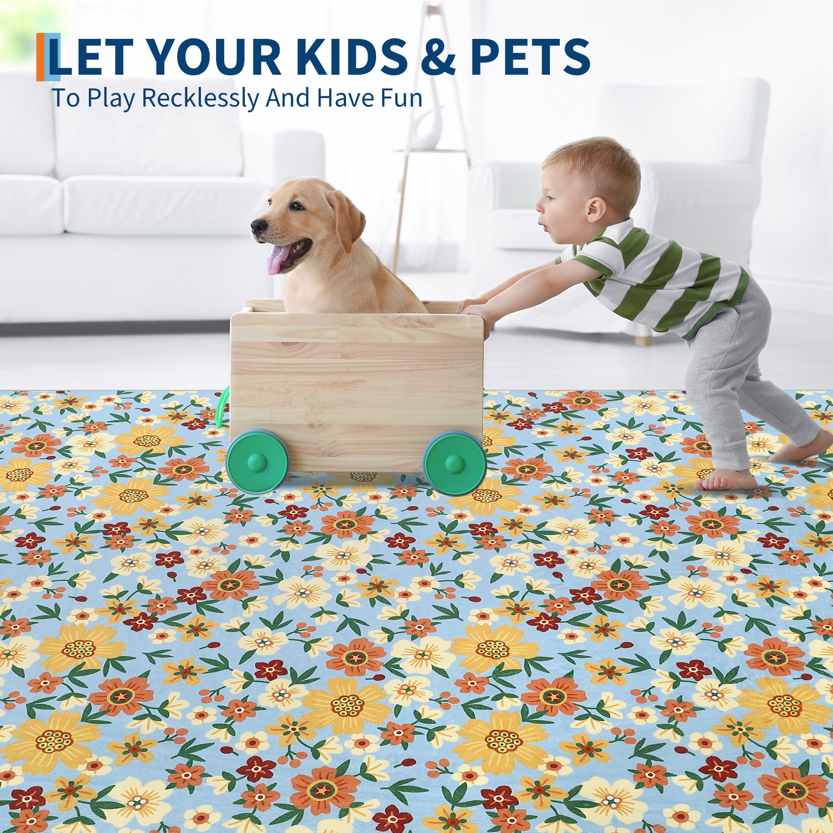 Garvee Modern Living Room Rugs 8x10 Washable Floral Print Non-Slip Blue Low Pile Carpet