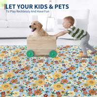 Garvee Modern Living Room Rugs 8x10 Washable Floral Print Non-Slip Blue Low Pile Carpet