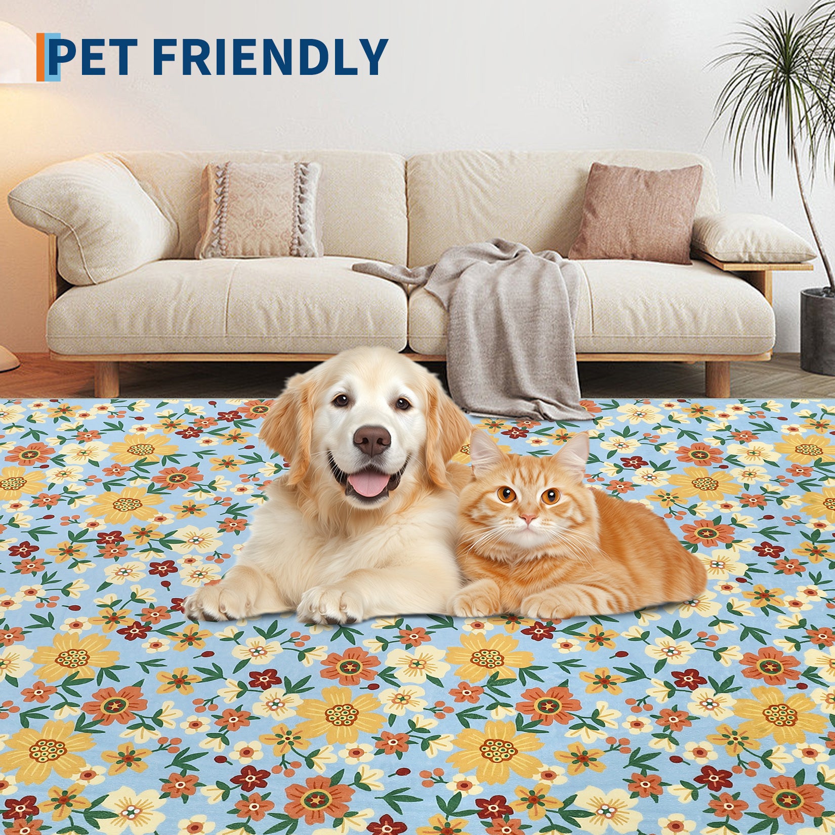 Garvee Modern Living Room Rugs 8x10 Washable Floral Print Non-Slip Blue Low Pile Carpet