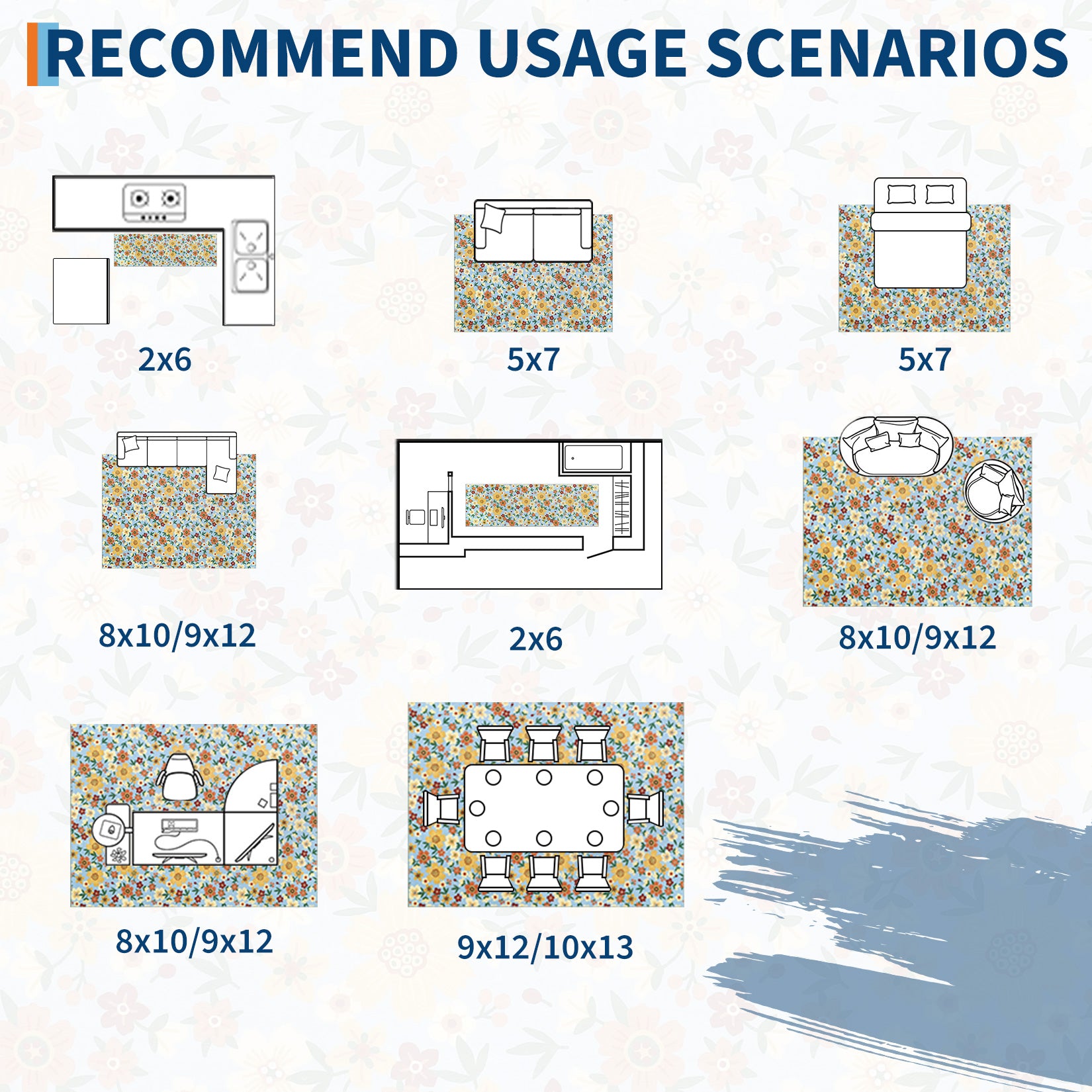 Garvee Modern Living Room Rugs 8x10 Washable Floral Print Non-Slip Blue Low Pile Carpet