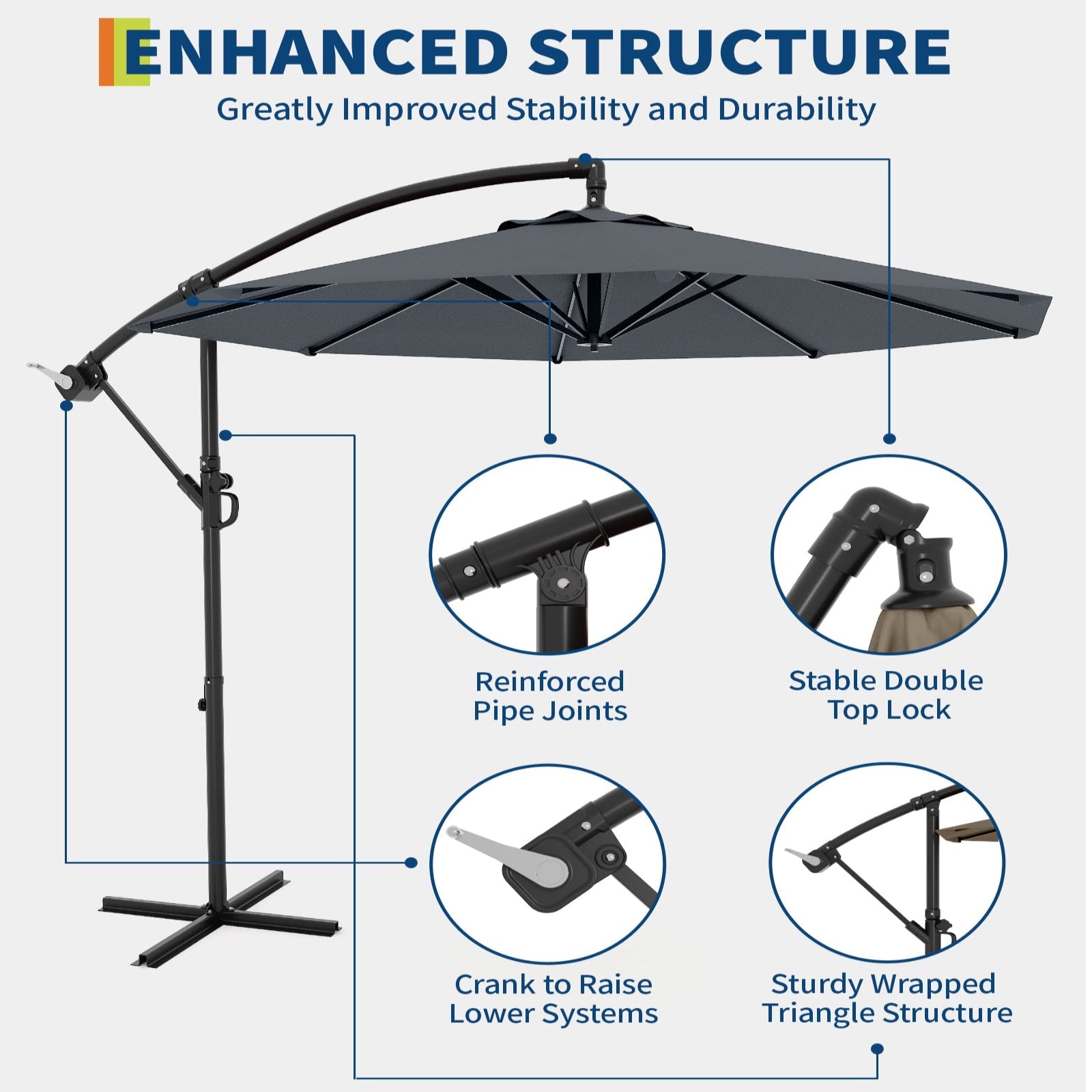 Garvee 10' Offset Patio Umbrella, Cantilever Umbrella with Easy Lift & Tilt Adjustment, 8 Ribs Sun Umbrella UV Protection, Grey