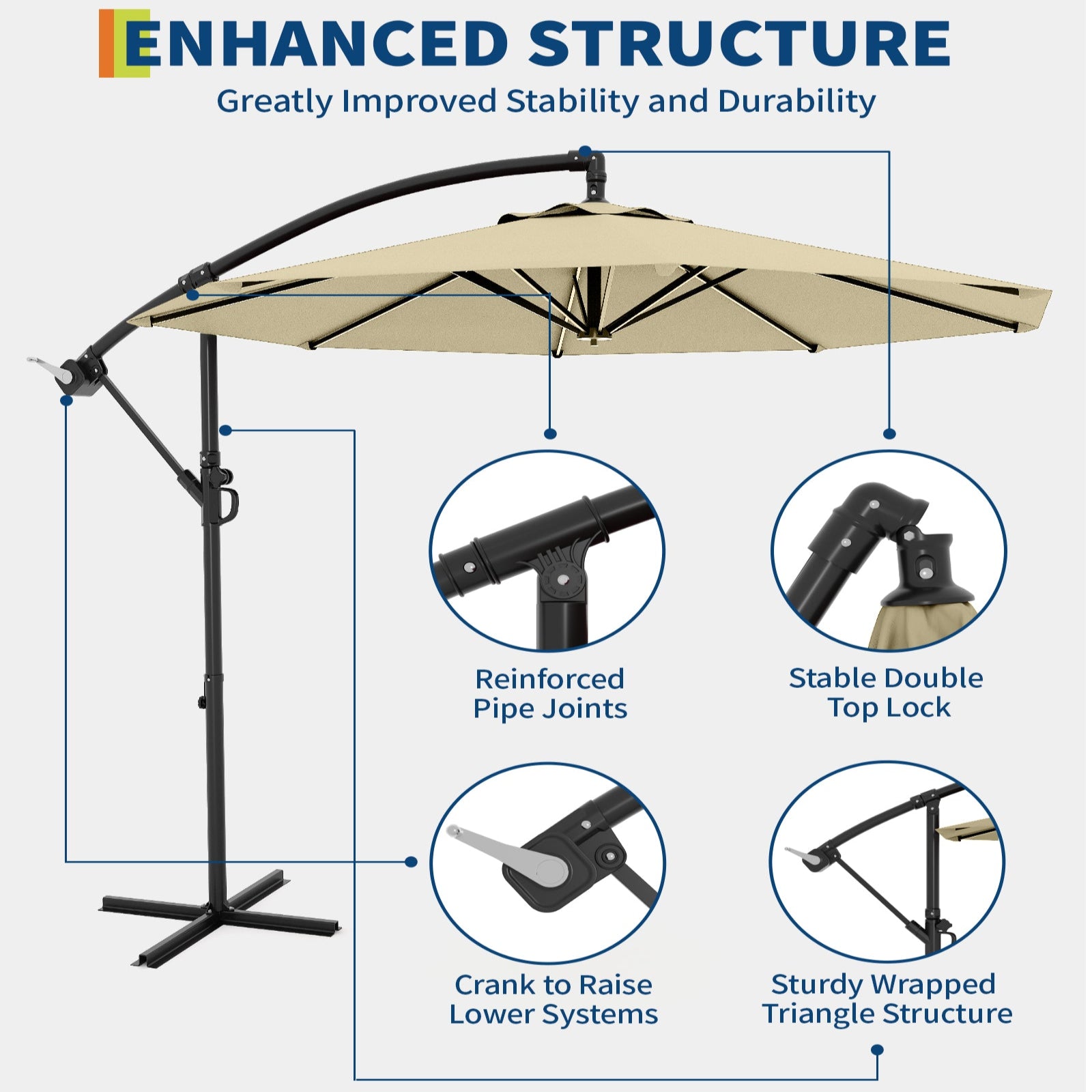 Garvee 10' Offset Patio Umbrella, Cantilever Umbrella with Easy Lift & Tilt Adjustment, 8 Ribs Sun Umbrella UV Protection, Beige