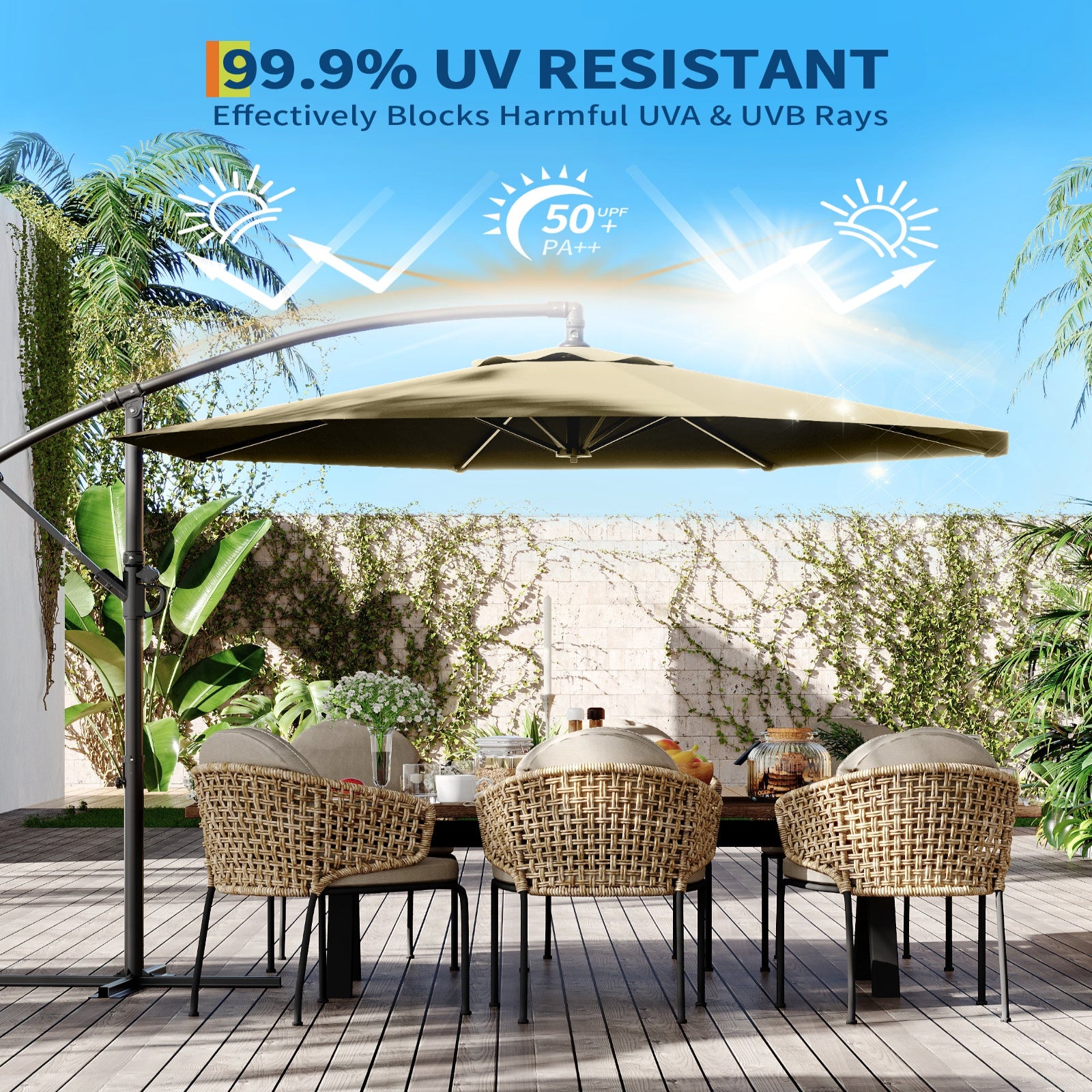 Garvee 10' Offset Patio Umbrella, Cantilever Umbrella with Easy Lift & Tilt Adjustment, 8 Ribs Sun Umbrella UV Protection, Beige