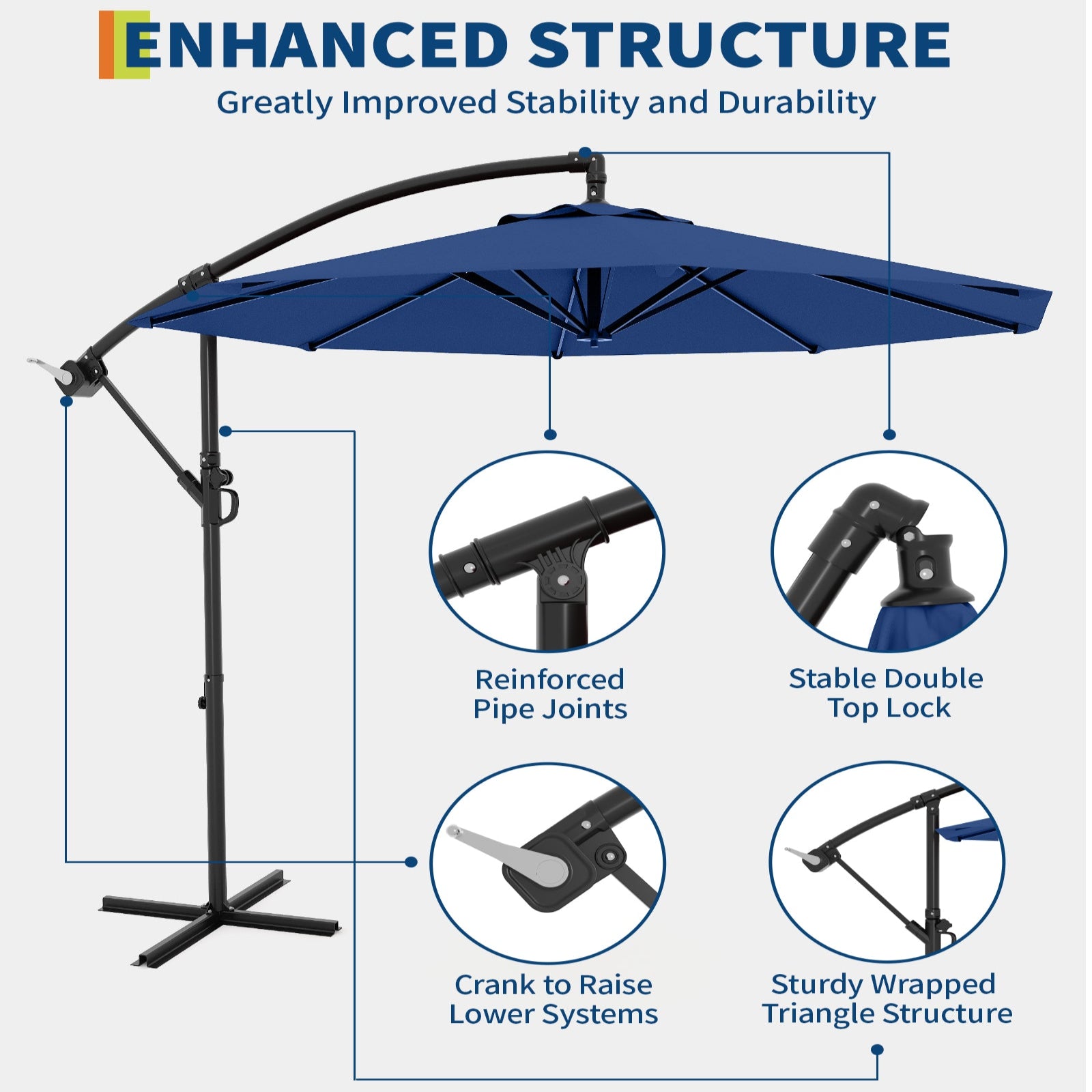 Garvee 10' Offset Patio Umbrella, Cantilever Umbrella with Easy Lift & Tilt Adjustment, 8 Ribs Sun Umbrella UV Protection, Navy Blue
