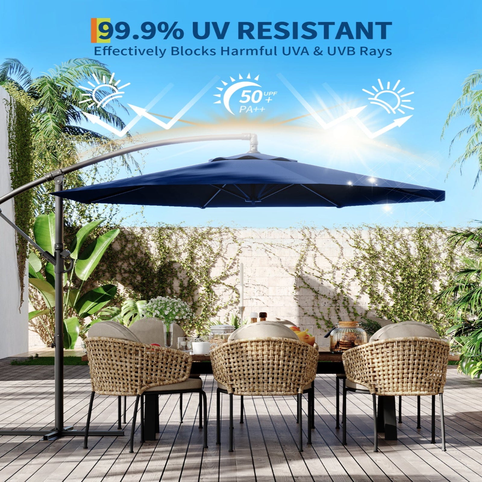 Garvee 10' Offset Patio Umbrella, Cantilever Umbrella with Easy Lift & Tilt Adjustment, 8 Ribs Sun Umbrella UV Protection, Navy Blue