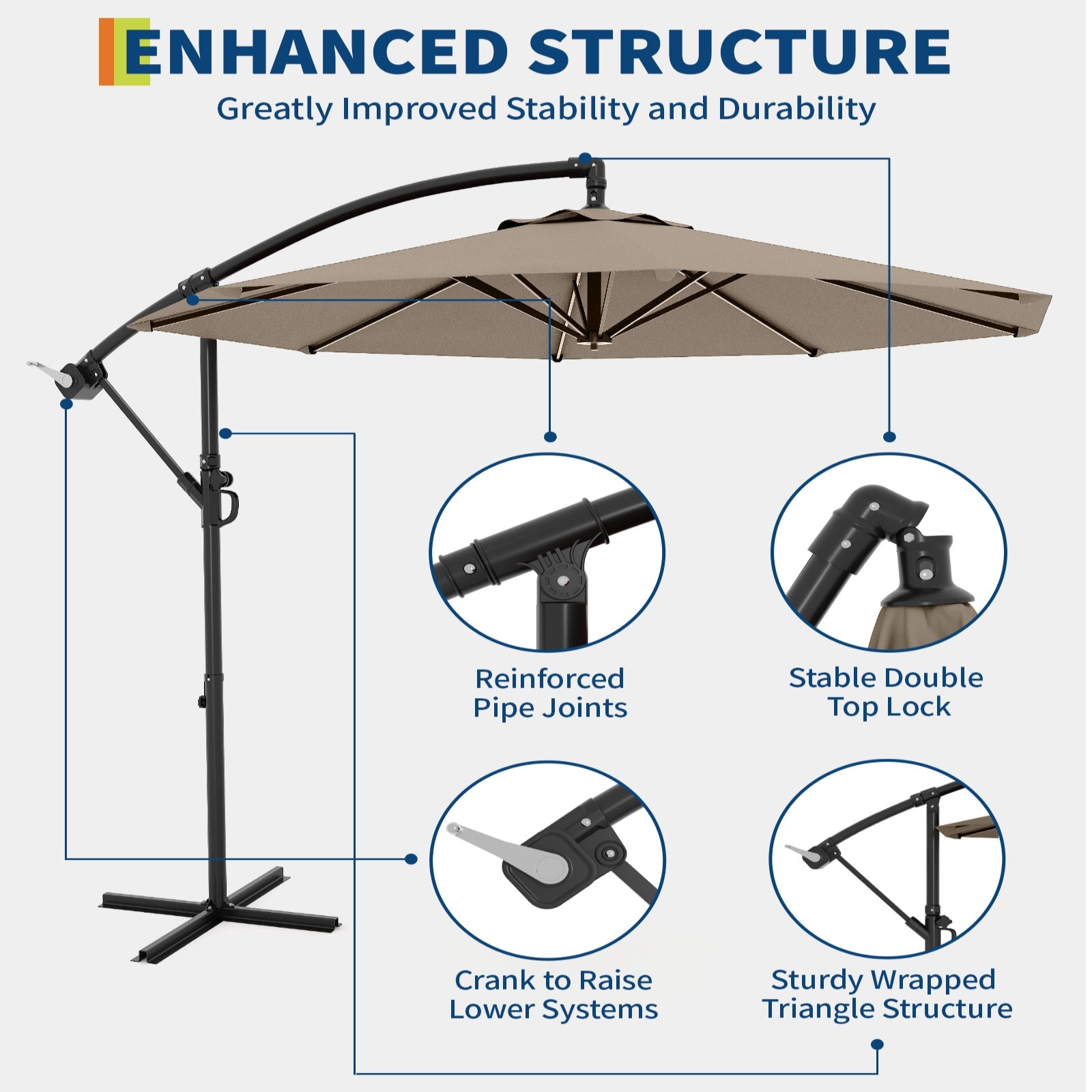 Garvee 10' Offset Patio Umbrella, Cantilever Umbrella with Easy Lift & Tilt Adjustment, 8 Ribs Sun Umbrella UV Protection, Tan