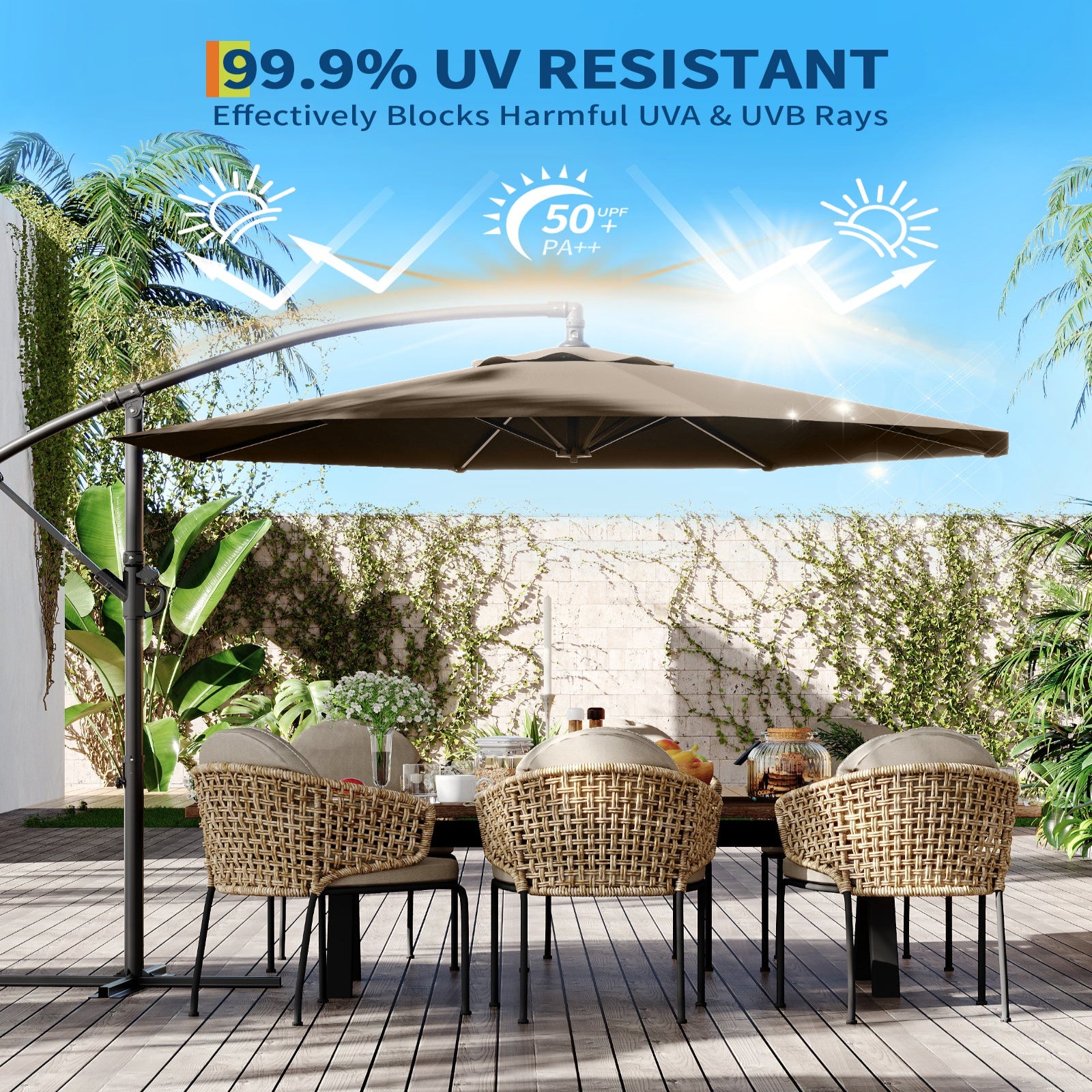 Garvee 10' Offset Patio Umbrella, Cantilever Umbrella with Easy Lift & Tilt Adjustment, 8 Ribs Sun Umbrella UV Protection, Tan