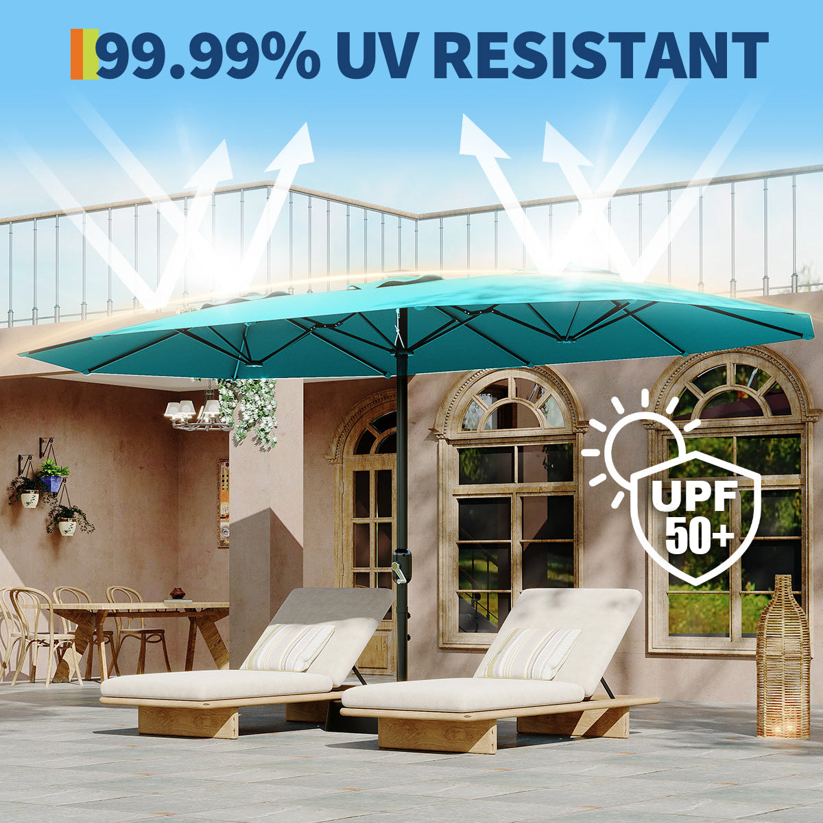 Garvee 15' Large Patio Umbrella with Base, Outdoor Double-Sided Rectangle Market Umbrella Outside Umbrellas for Poolside Lawn Backyard, Misty Blue