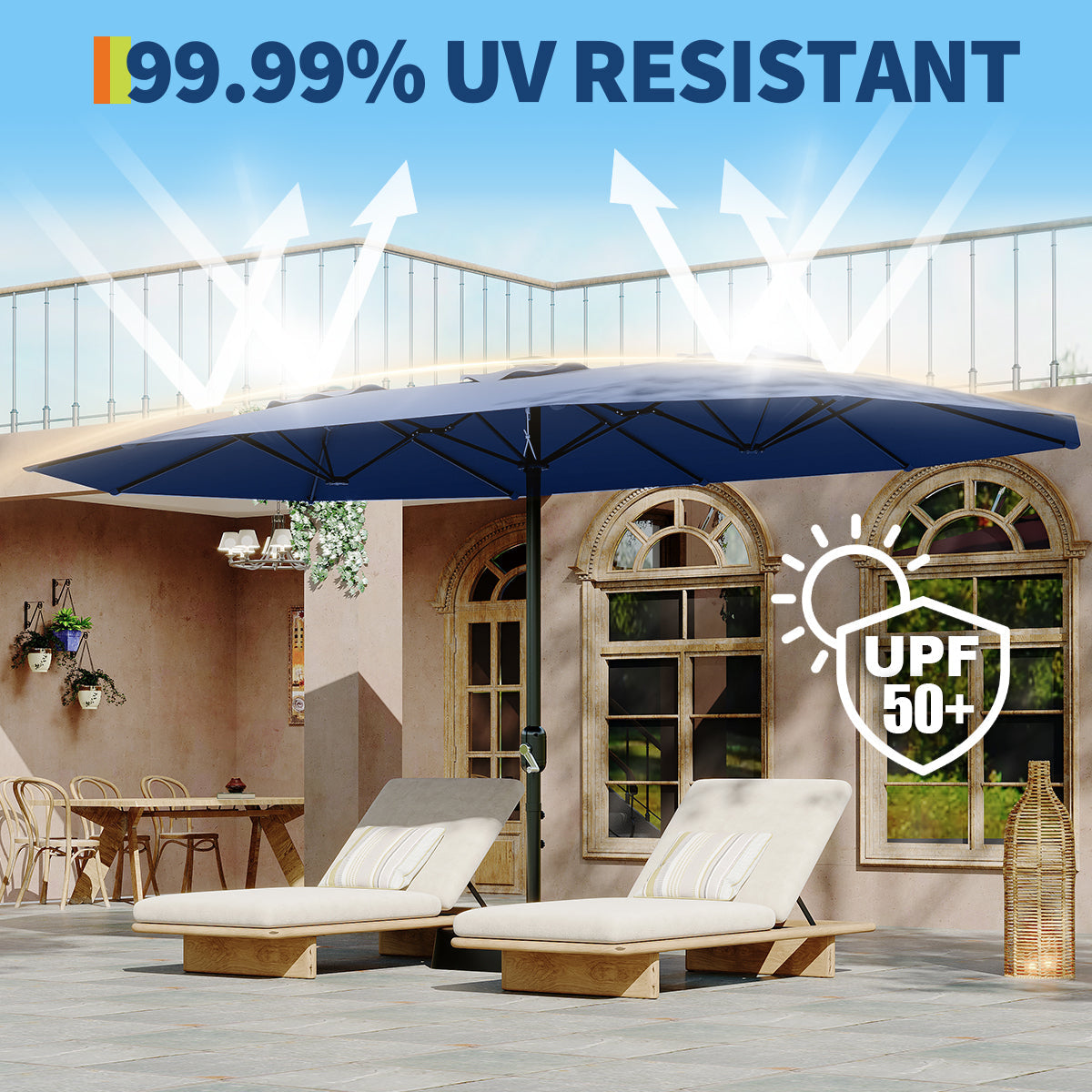 Garvee 15' Large Patio Umbrella with Base, Outdoor Double-Sided Rectangle Market Umbrella Outside Umbrellas for Poolside Lawn Backyard, Navy Blue