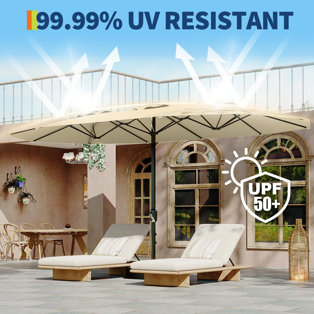 cream patio umbrellas Garvee 15ft Rectangular Patio Umbrella 15'x9' Canopy UV Protection Crank Handle 240GSM Polyester Steel Frame Adjustable Tilt Outdoor Pool Backyard